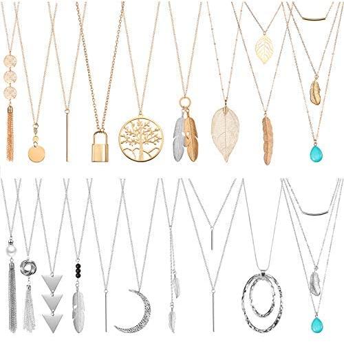 Yaomiao 20 Pieces Long Pendant Necklace Y Tassel Leaf Circle Bar Necklace Simple Bar Layer Tassel Y Charm Necklace Set for Women Girls