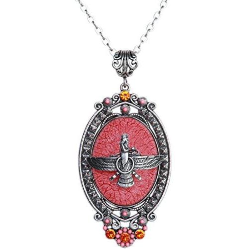Asoodehdelan Antique Silver Red Farvahar Necklace Iranian Persian Gift Iran Zoroastrian Faravahar Art