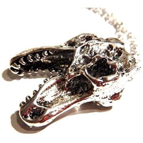 Silvertone T-Rex Skull Pendant on 18'' Chain Necklace Tyrannosaurus Dinosaur Bones