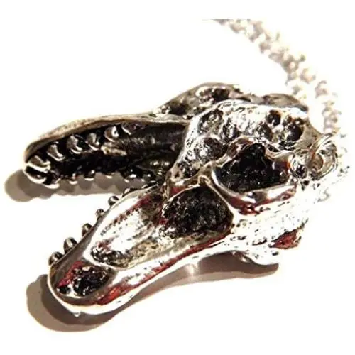 Silvertone T-Rex Skull Pendant on 18'' Chain Necklace Tyrannosaurus Dinosaur Bones
