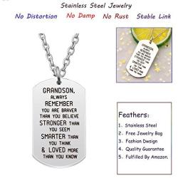 AGR8T Grandson Pendant Necklace Birthday Dog Tag Gifts for Men Boy You are Braver Stronger Smarter Than You Think