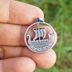 Norse Viking Jewelry Dragon Oseberg Ship Longship Faering Karve Knarr Boat Silver Pewter Mens Pendant Necklace Protection Amulet Safe Travel Talisman Wealth Money Fortune Lucky Charm w Black PVC Cord