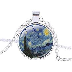 FM FM42 Starry Night Vincent Van Gogh Round Pendant Necklace with 26'' Rolo Chain (4 Styles)