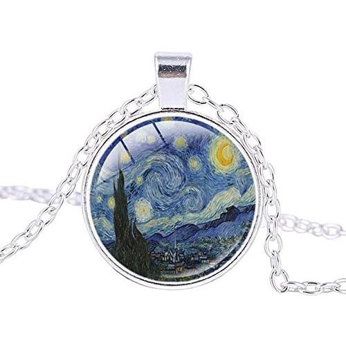 FM FM42 Starry Night Vincent Van Gogh Round Pendant Necklace with 26'' Rolo Chain (4 Styles)