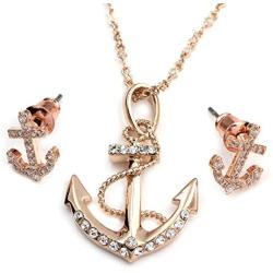 FC JORY White & Rose Gold Plated Crystal CZ Anchor Necklace Earrings Studs Jewelry Set