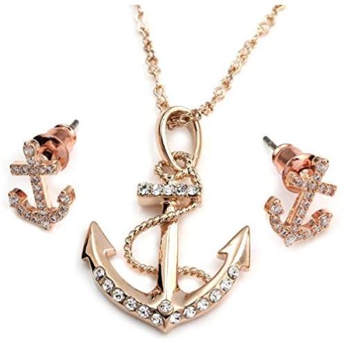 FC JORY White & Rose Gold Plated Crystal CZ Anchor Necklace Earrings Studs Jewelry Set