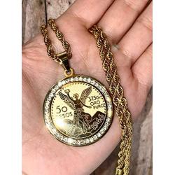 Men Women 925 Italy 14k Gold Finish Iced Round Mexican Coin Centenario Mexicano Moneda 50 Pesos Ice Out Pendant Stainless Steel Real 2.5 mm Rope Chain Necklace, Mens Jewelry, Iced Pesos Coin Pendant, Chain Pendant Rope Necklace