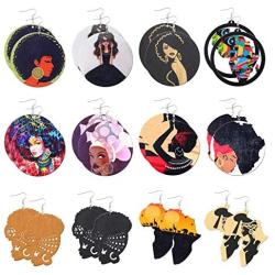 Sunssy 12Pairs African Dangle Earring Women Round Wooden Painted Earring Ethnic Style (12 Pair style 2)
