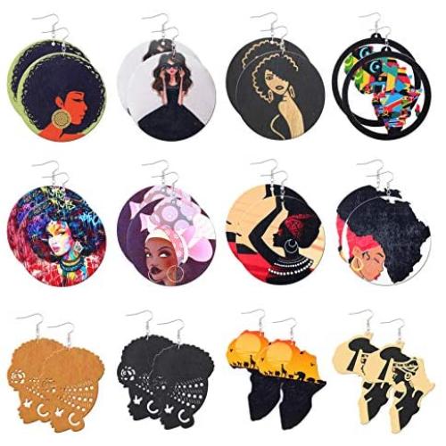 Sunssy 12Pairs African Dangle Earring Women Round Wooden Painted Earring Ethnic Style (12 Pair style 2)