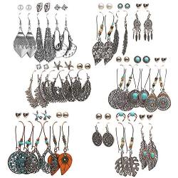 36 pairs Boho Classic Vintage Drop Dangle Earrings Set for Women Girls National Style Hollow Heart Shaped Alloy Studs Wood Leaf Handmade beading Eardrop