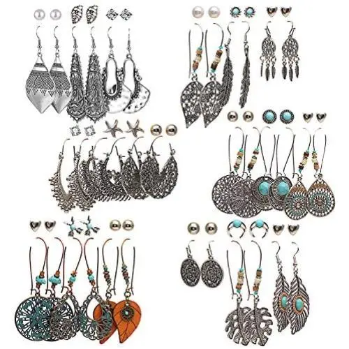 36 pairs Boho Classic Vintage Drop Dangle Earrings Set for Women Girls National Style Hollow Heart Shaped Alloy Studs Wood Leaf Handmade beading Eardrop 36 pairs Boho Classic Vintage Drop Dangle Earrings Set for Women Girls National Style Hollow Heart Shaped Alloy Studs Wood Leaf Handmade beading Eardrop