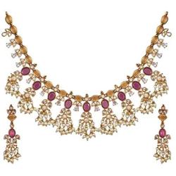 Tarinika Phool Antique Gold-Plated Indian Jewelry Set with Necklace and Earrings - White Red