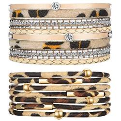 Hicarer Leopard Bracelets for Women Multilayer Metal Pipe Leather Cuff Charm Wide Leather Wrap Bracelet Bohemian Jewelry with Magnet Buckle Clasp for Girls