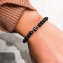 JOJOPANDA Matte Black Agate Beaded Bracelet Initial Letter Carved Natural Stone Elastic Bracelet 6mm Personalized Couple Gift