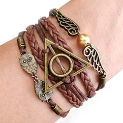 Handcrafted Harry Potter Bracelet,Bronze Owls Wings Golden Bead Charm Leather & Rope Wristband Bracelet