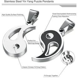 FIBO STEEL 2pcs Stainless Steel Yin Yang Pendant Necklace for Men Women Puzzle Couples Necklace,22 inches