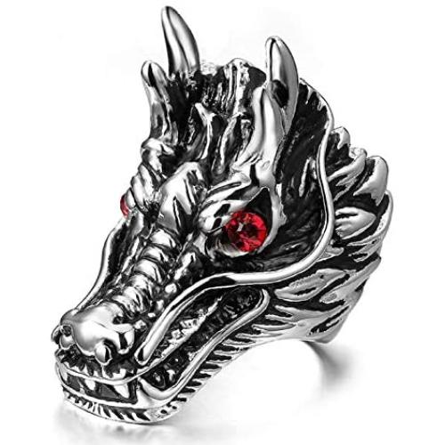 Dragon Ring for Men, Norse Viking Dragon Head Ring, Gothic Red Eye Dragon Ring, Vintage Dragon Totem Amulet Ring, Punk Animal Dragon Jewelry for Men Boys