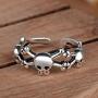 925 Sterling Silver Plated Retro Treble Human Skeleton Skull Head Adjustable Band Ring,Size 5-7