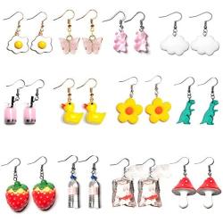 1-12 Pairs Funny Earrings Rubber Duck Gummy Bear Goldfish Water Bottle Strawberry Mushroom Boba Tea Butterfly Cloud Flowers Dinosaur Egg Earrings