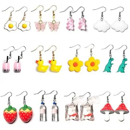 1-12 Pairs Funny Earrings Rubber Duck Gummy Bear Goldfish Water Bottle Strawberry Mushroom Boba Tea Butterfly Cloud Flowers Dinosaur Egg Earrings 1-12 Pairs Funny Earrings Rubber Duck Gummy Bear Goldfish Water Bottle Strawberry Mushroom Boba Tea Butterfly Cloud Flowers Dinosaur Egg Earrings