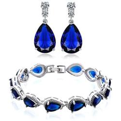 GULICX Womens Silver Jewelry Set Sapphire-color/Ruby-color Charm Tennis Bracelets Chains Drop Zirconia Earrings