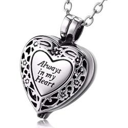 VCOOTS Cremation Jewelry for Ashes Pendant Always in My Heart Urn Necklace for Women/Men Stainless Steel Memorial Keepsake Jewelry- Free Fill Kits