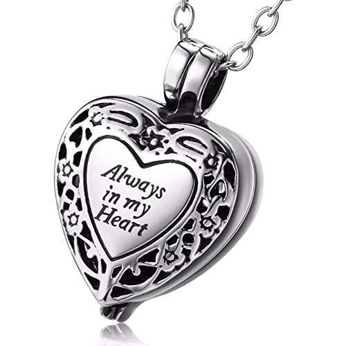 VCOOTS Cremation Jewelry for Ashes Pendant Always in My Heart Urn Necklace for Women/Men Stainless Steel Memorial Keepsake Jewelry- Free Fill Kits