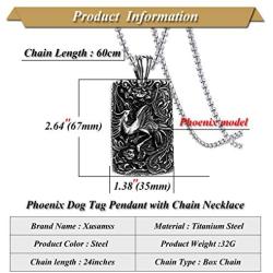 Xusamss Titanium Steel Animal Phoenix Dog Tag Pendant Necklace,24inches Box Chain