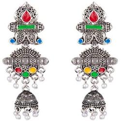 Efulgenz Boho Vintage Antique Gypsy Tribal Indian Oxidized Gold Enamel Pearl Drop Jhumki Jhumka Dangle Earrings Set Jewelry