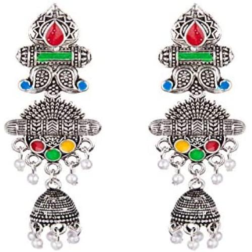 Efulgenz Boho Vintage Antique Gypsy Tribal Indian Oxidized Gold Enamel Pearl Drop Jhumki Jhumka Dangle Earrings Set Jewelry