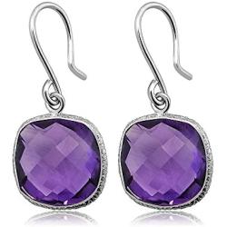 Gem Stone King 925 Sterling Silver Amethyst Dangle Womens Earrings 12.00 Cttw Gemstone Birthstone Cushion Checkerboard Cut