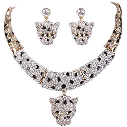 EVER FAITH Gold-Tone Leopard Necklace Earrings Set Clear Austrian Crystal