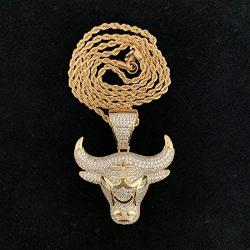 KMASAL Jewelry Men Hip Hop Iced Out Bling CZ Diamond Vampire Bull Pendant 18K Gold and Silver Plated with 24'' Stainless Rope Chain