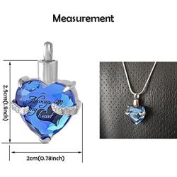 Crystal Glass Heart Shape Cremation Jewelry Memorial Urn Necklace for Ashes Carved Always In My Heart Stainless Steel Ashes Holder Pendant Keepsake with Free 21Chain Mini Funnel Fill Kit Gift (Blue)