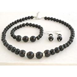 Femtindo Faux Pearl Necklace Earring and Bracelet Black Costume Jewelry Set for Women