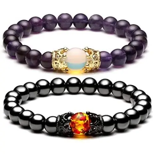 Jovivi King&Queen Crown Distance Couple Bracelets for Men Women 8mm Natural Stone Healing Energy Beads Stretch Bracelet