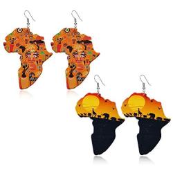 D.Rosse 2 Pairs African Map Wooden Dangle Earrings Ethnic Style African Multicolor Drop Earrings for Women Bohemia Style Jewelry Set