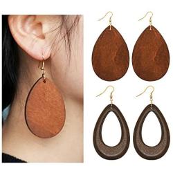Wowanoo Wood Earrings Natural Wooden Teardrop Earrings Geometric Lightweight Drop Earrings for Women