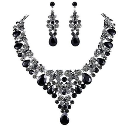 EVER FAITH Rhinestone Crystal Enamel Party Butterfly Teardrop Necklace Earrings Set