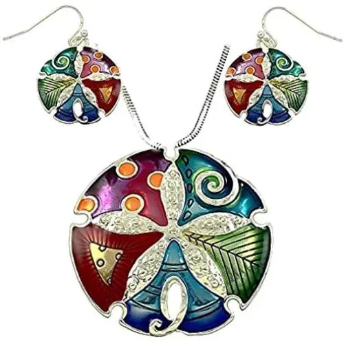DianaL Boutique Extra Large Colorful Enameled Sand Dollar Pendant Necklace and Earrings Set with 24'' Chain Fashion Jewelry