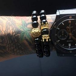 Joan Nunu Handmade 8mm Stone Beads Bracelets Set King Crown Tiger Charm Fashion Jewelry for Men Women