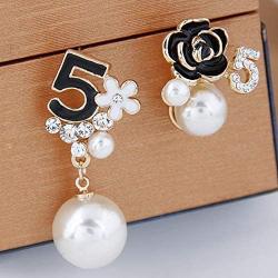 Faux Imitation Pearl White Black Floral Dangle Drop Earrings Studs
