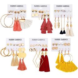 JACEDOFU 36 PairsTassel Earrings Layered Long Thread Ball Dangle Earrings Stud Earring Bohemian Tiered Tassel Drop Earrings Fashion Jewelry for Women Girls Valentine Birthday Party Gifts
