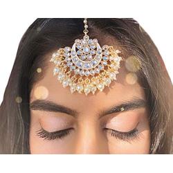 The Tikka Shop - Traditional Indian Maang Tikka - Statement Bollywood Hair Jewelry for Wedding Party Bridal & Bridesmaid - Goldtone headpiece for Women