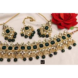 Green Kundan Choker Necklace Set Indian Jewelry Bridal Wedding Necklace Ethnic Bollywood Jewelry Set