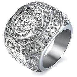 Trendsmax 316L Stainless Steel Signet Ring for Men Boys Carved Cross Crown Silver Tone Finger Ring Gothic Cool Size 8-13