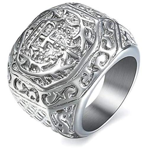 Trendsmax 316L Stainless Steel Signet Ring for Men Boys Carved Cross Crown Silver Tone Finger Ring Gothic Cool Size 8-13