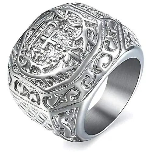 Trendsmax 316L Stainless Steel Signet Ring for Men Boys Carved Cross Crown Silver Tone Finger Ring Gothic Cool Size 8-13 Trendsmax 316L Stainless Steel Signet Ring for Men Boys Carved Cross Crown Silver Tone Finger Ring Gothic Cool Size 8-13
