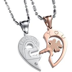 UM Jewelry His and Hers Stainless Steel Crystal Lock Key Puzzle Heart Pendant Couple Necklaces