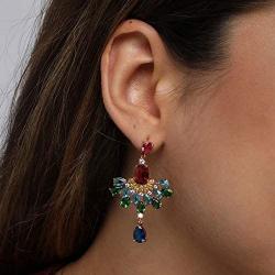 Chandelier Statement Drop Earrings Wedding Long Dangle Earrings Bridal Style Multicolor Teardrop CZ Stones